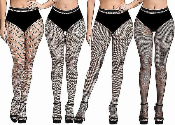 4-pak Plus Size Fiskenet Strømper, Sorte Fiskenet Strømper Lårstrømper Stræk Anti-Hæk Strømper