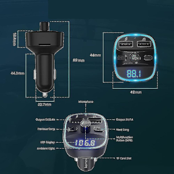 Lencent Bluetooth FM-sändare Bilsadapter Bluetooth-sändare för bilradio, handsfree-kit, 2 USB-portar, stöder SD-kort USB-minnen