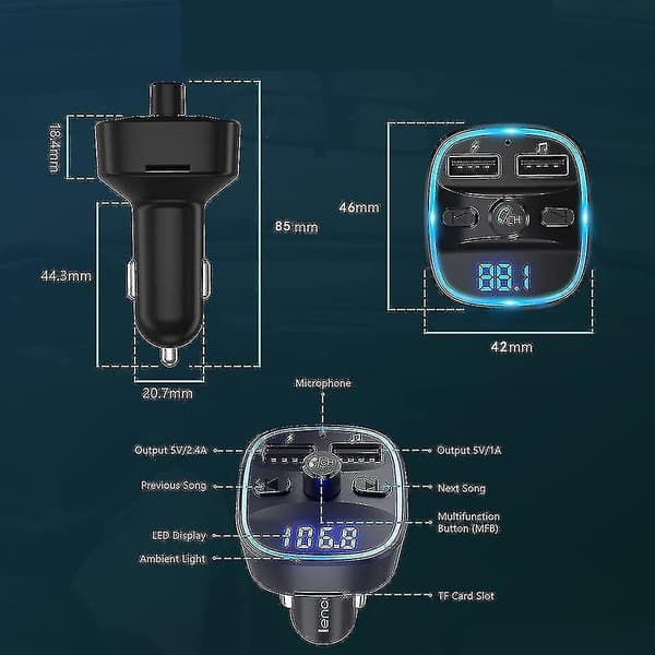 Lencent Bluetooth Fm-sender Biladapter Bluetooth-sender Til Bilradio, Håndfrit Sæt, 2 Usb-porte, Understøtter Sd-kort Usb-sticks