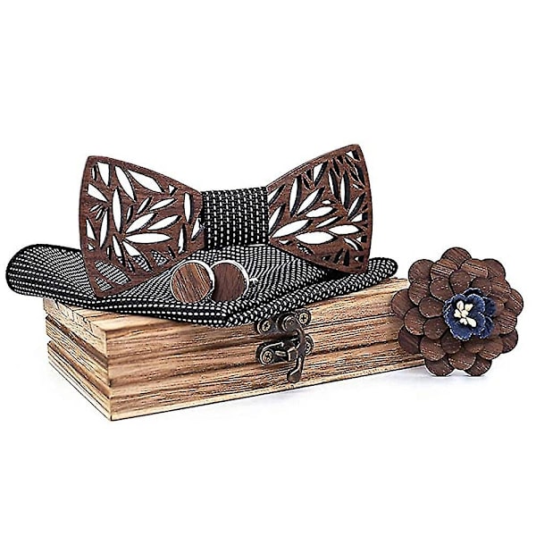 Klassisk Håndlavet Herre Træ Butterfly Slips Manchetknapper Corsage Firkantet Tørklæde Sæt