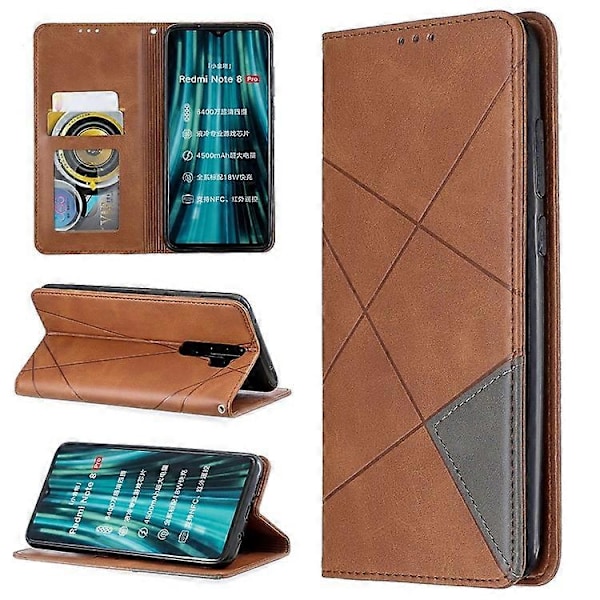 Geometriskt Mönster Ställ Läder Korthållare Fodral Kompatibelt För Xiaomi Redmi Note 8 Pro Brown
