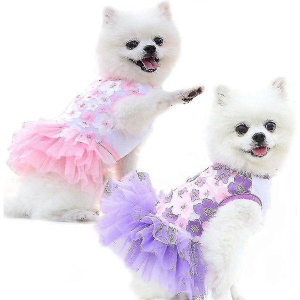 Söta sommarhundklänningar med tyllkjol för små hundar - Kläder för husdjur Valpdräkt (2 st, rosa och lila)