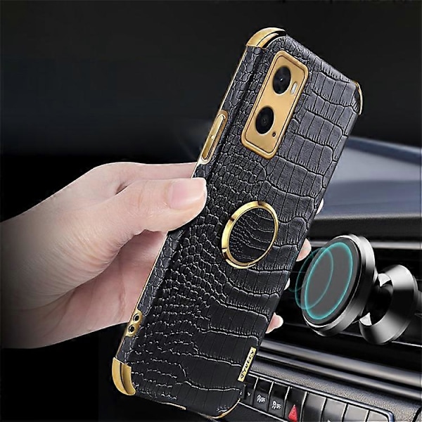 Yhteensopiva Oppo A36 / A76 Sormuspidike Jalustakotelo Krokotiilinnahka Kuvioitu Nahkapäällysteinen TPU 6D Galvanoidulla Iskunkestävällä Suojauksella Yellow