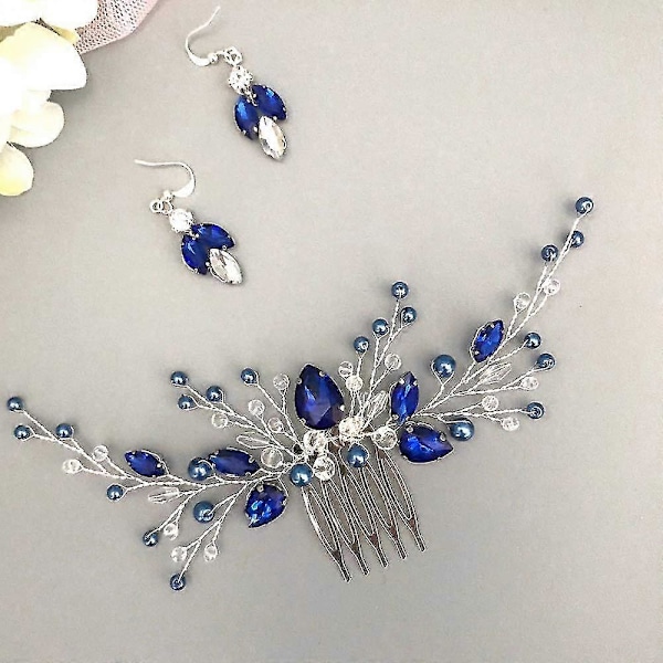 Dame Royal Safir Krystal Blå Perle Ørering Hårranke Sæt Sølv Bryllup Hårtilbehør Hårkam Stykke Gave (blå)