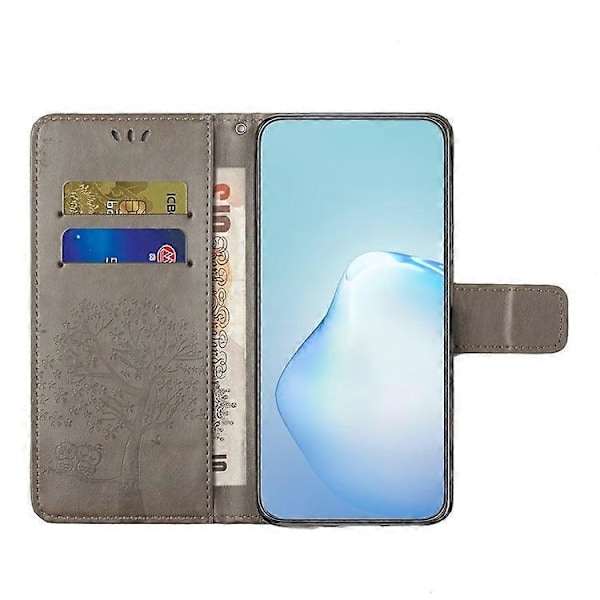 Kompatibel med Motorola Moto G14 4G Ugle Træ Præget Telefon Cover PU Læder Stand Wallet Case Grey