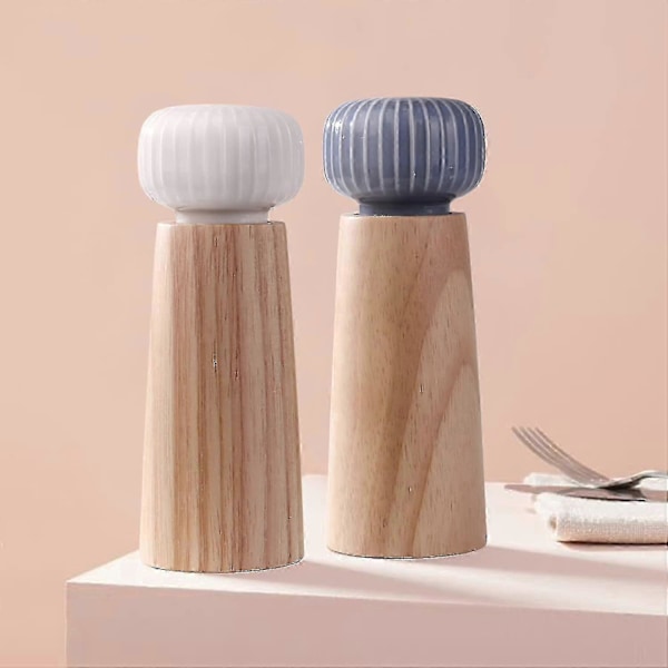 Salt- og peberkværnsæt - Træ- og keramisk peberkværn med justerbar grovhed, 17,5 cm (med bakke) - Shengxin
