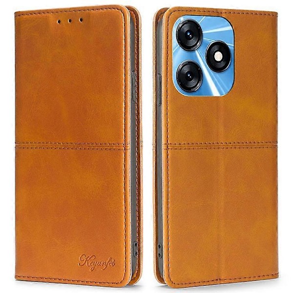 Kompatibelt för Tecno Spark 10 4G Telefonskal med Kortfack Kohud Textur PU Läder Ställ Telefonfodral LightBrown