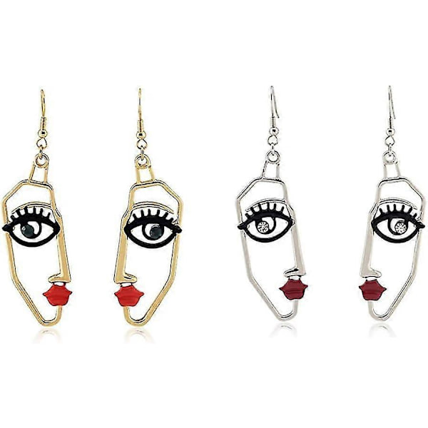 2 Par Dame Ansikts Statement Dangle Drop Ørepynt