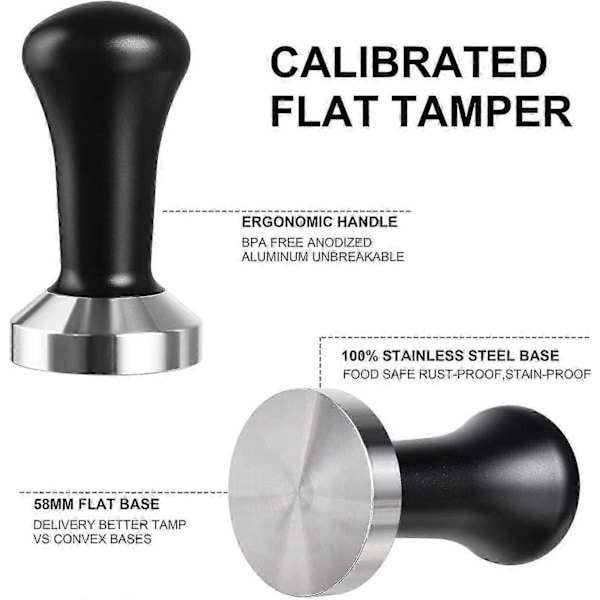 Kaffetamper i rustfritt stål med frostet håndtak og flat bunn 58mm Kaffegruntkompressor