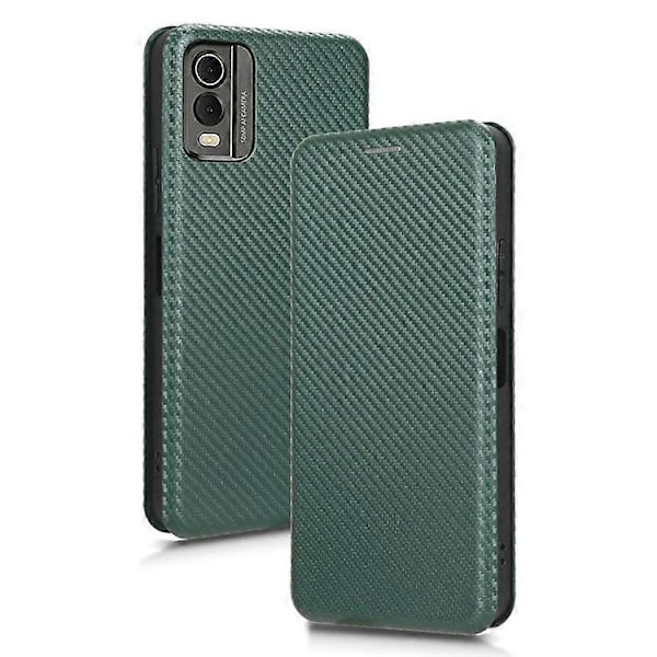Kompatibelt för Nokia C32 PU Läder Kolfibertextur Fodral Kortfack Ställ Mobilskal Green