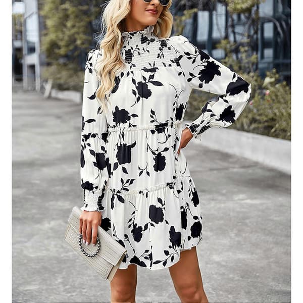 Dam Långärmad Klänning Elastisk Rynkad Klänning Blommig Tryck Volang Mock Neck Midi Klänning
