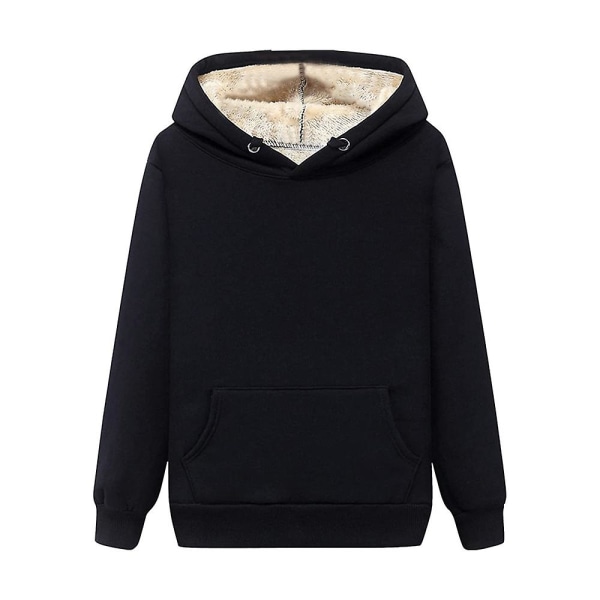 Dam Enfärgad vinter varm fleecefodrad huvtröja Casual Lösa hoodies Pullover Toppar med ficka Black XL