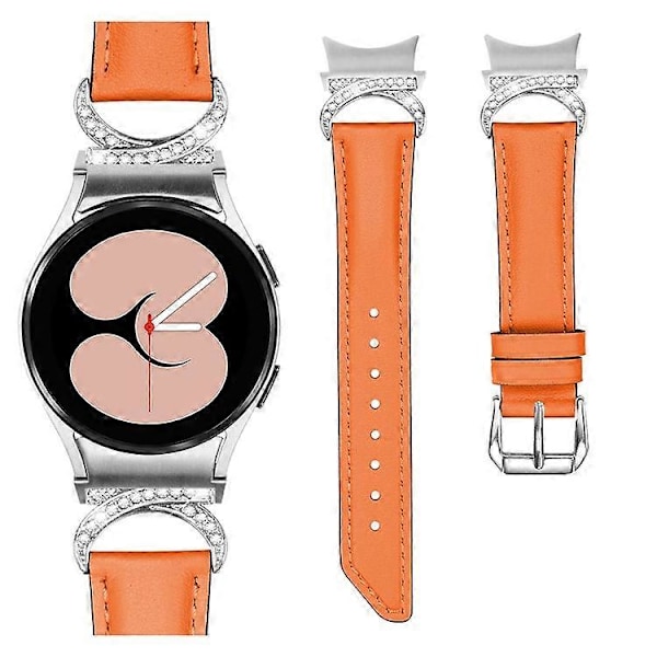 Yhteensopiva Samsung Galaxy Watch 5 / Watch 4 40mm / 44mm / Watch 4 Classic 42mm -kellon korvaava halkaistu nahkaranneke strassikivillä ja D-muodolla Orange