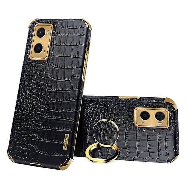 Kompatibel med Oppo A36 / A76 Ring Holder Støtteben Cover Krokodille Tekstur Læderbelagt TPU 6D Elektropletteret Stødsikker Beskyttelse Black