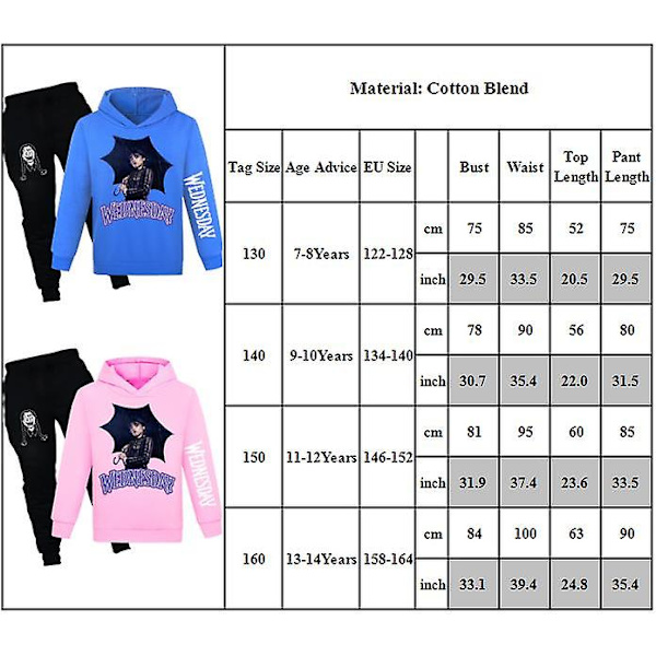Onsdag Addams Printed Kids träningsoverall Set Hooded Sweatshirt Byxor Set Black 9-10 Years