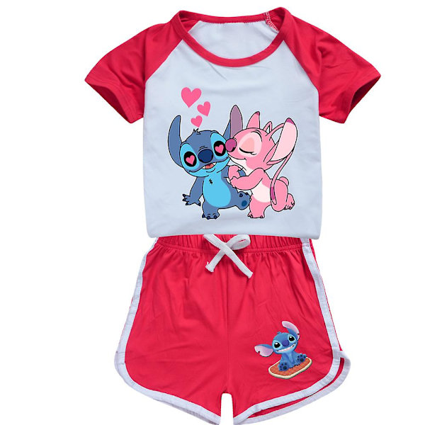 Lilo Ja Stitch Pyjamasetti Set Lasten Lyhythihainen T-paita Yöpuvut Pyjamat Sarjakuva Lilo Stitch Kids Cos Urheiluasut 2-3T(100) 2076pink-cap