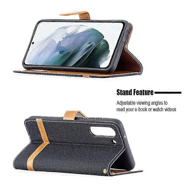 Splejsning Jeans Stof Overflade Læder Telefon Cover Wallet Stand Case Kompatibel Med Samsung Galaxy S21 FE/S21 Lite Black