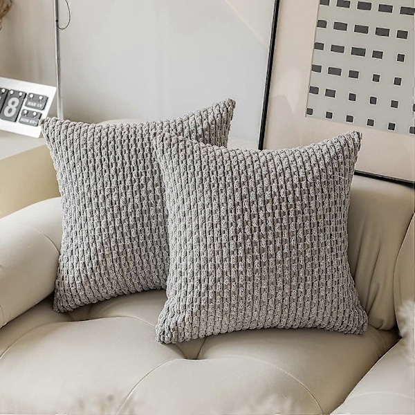 Sæt med 2 dekorative pudebetræk til sofa stribet fløjl sofapudebetræk 40x40cm, 16 x 16 tommer, lysegrå