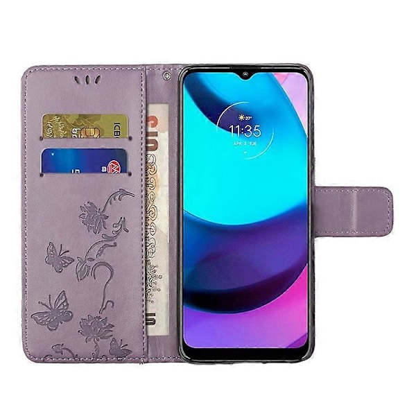 Moderigtig pungfunktion Flip Prægede Sommerfugle Blomst PU Læder Ridsefast Telefon Cover Stativ Skal Kompatibel Med M Purple