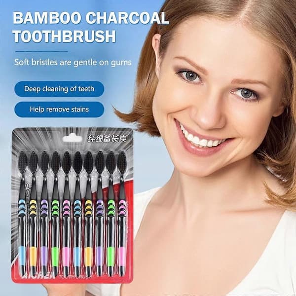 10 STK Blød Tandbørste Sæt Bambus Børster Til Rejse Gave; Ferie Ren 9CB9 black 10pcs