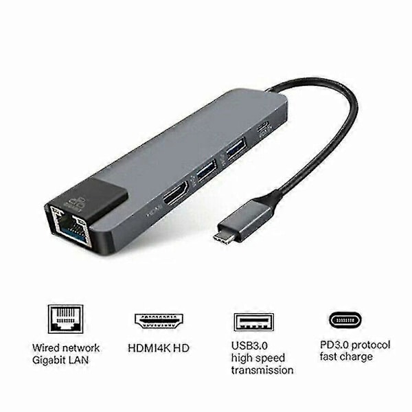 5-in-1 USB Type C -keskitinadapteri telakalla, jossa 4K HDMI PD RJ45 Ethernet LAN -lataus