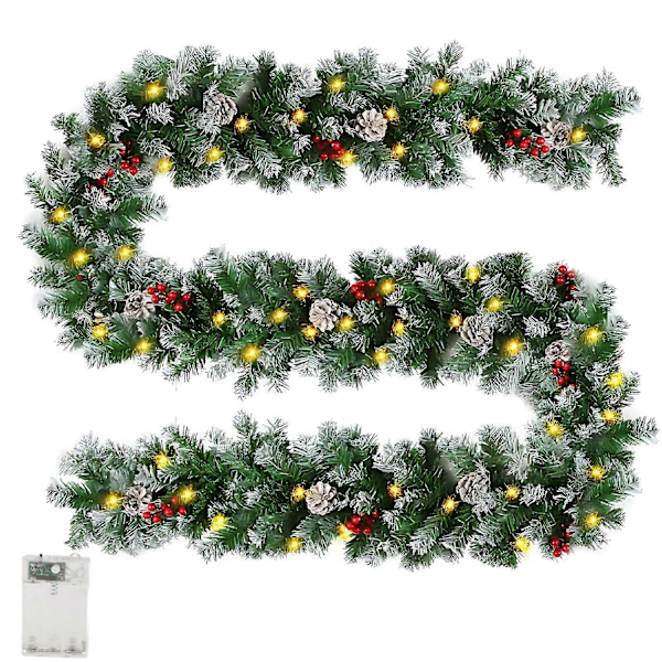 Færdigbelyst juleguirlande med fyrrekogler og bærklaser, kunstig guirlande med 50 LED-lys, batteridrevet til hjemmetrappe, pejs, hoveddør