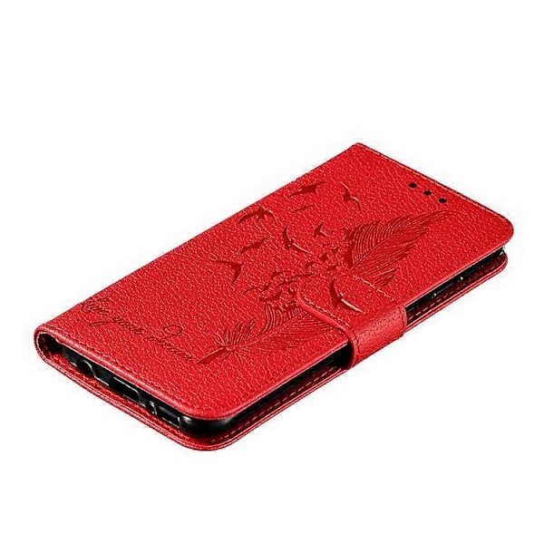 Litchi Tekstur Præget Fjer Læder Telefon Cover med Wallet Stand Kompatibel til Samsung Galaxy A20e Red