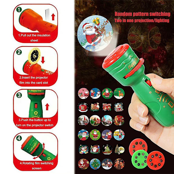 2023 Jul Slide Ficklampa Projektor Xmas Story Projektionsfackla med 24 mönster Semester Barn Tidig Pedagogisk Roliga Leksaker Present Green