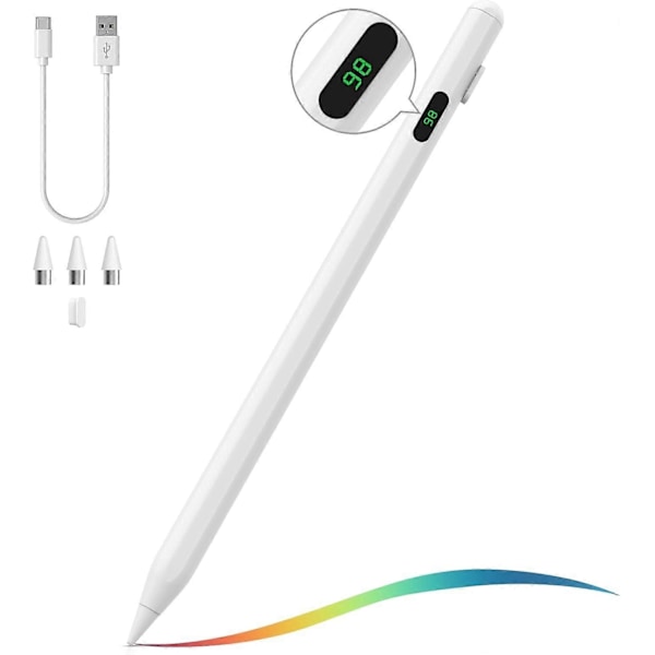Universal pekepenn for berøringsskjerm, kompatibel med iOS/Android smarttelefoner og nettbrett, nettbrett penn med batteridisplay, hvit