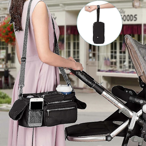 Universal barnevognorganisator med isolert koppholder, avtakbar telefonveske og skulderstropp