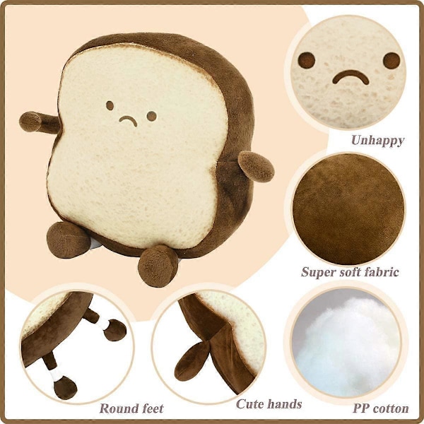 KATEA Toastbrød Pute Morsom Mat Plysj Lekeputer Små Søte Fyllte Plysj Toast Sofapute (Toastbrød, Brun) Ulykkelig Liten
