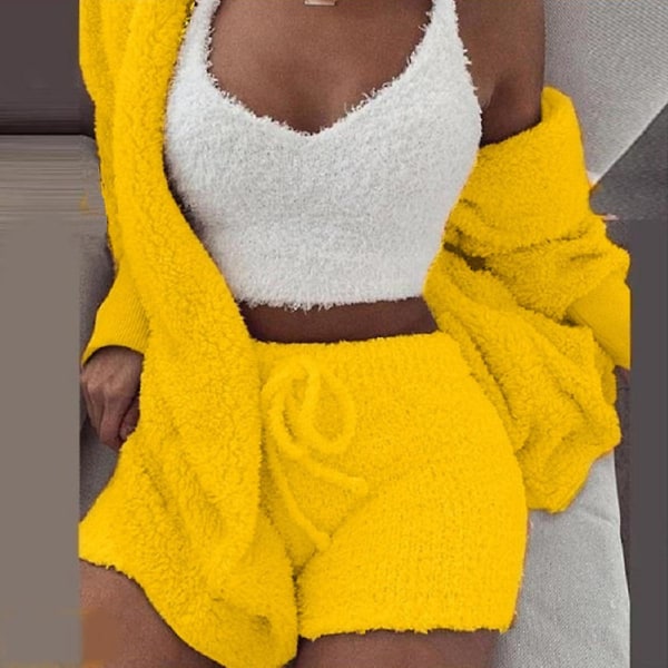 Dam 3st fleece fluffig päls + shorts + kort väst set yellow L