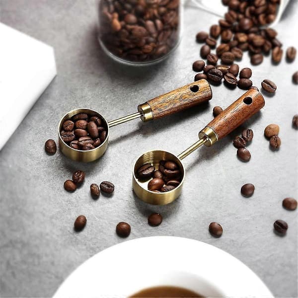 Kaffeske af rustfrit stål til malet kaffe, 15 ml kaffemåleske med træhåndtag - A