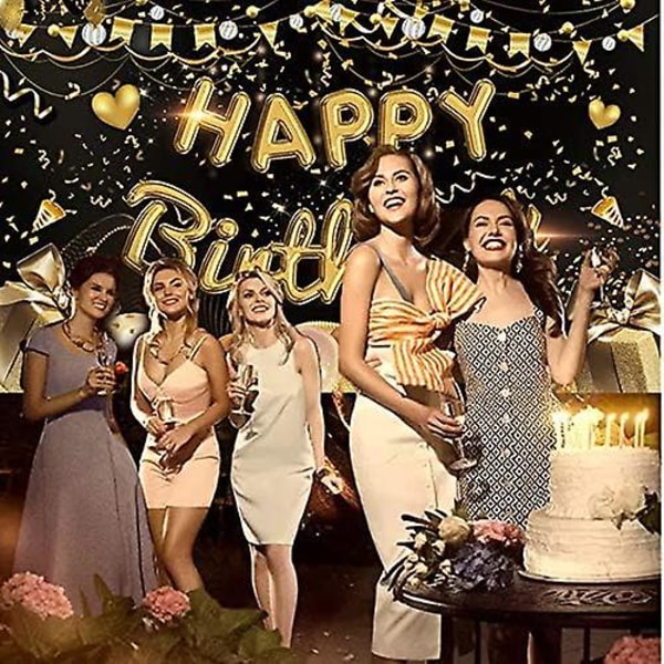Grattis på födelsedagen Bakgrundsbanner Grattis på födelsedagen Fotobås Bakgrund 70,8 x 43,3 tum Stor Tyg Svart Guld Skylt Poster Bakgrund för Män Kvinnor Födelse
