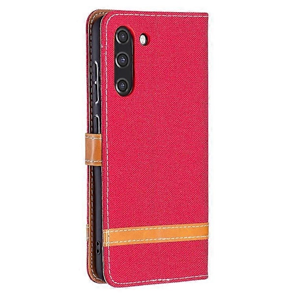 Splejsning Jeans Stof Overflade Læder Telefon Cover Wallet Stand Case Kompatibel Med Samsung Galaxy S21 FE/S21 Lite Red