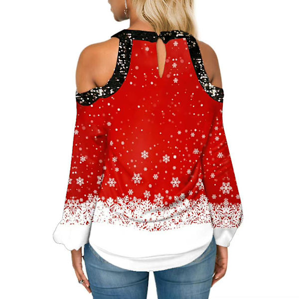 Naisten joulu Lumihiutale Print T-paita Joulu pitkähihainen Cold Shoulder Paidat Pusero Casual Löysä Topit Plus Size Red M