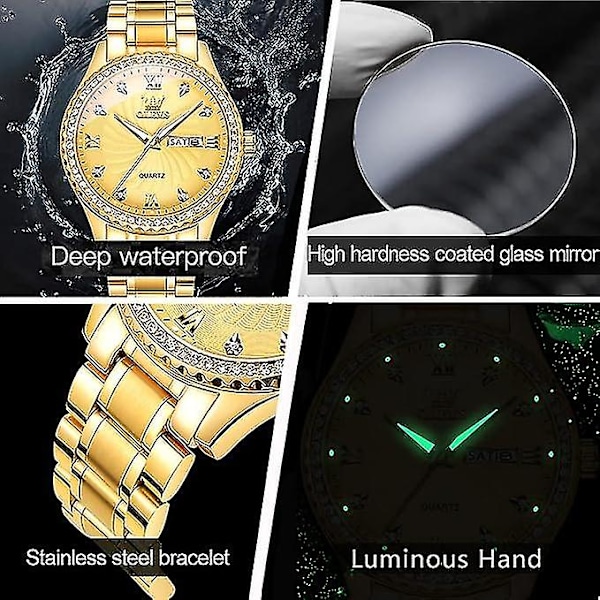 Luksuriøse herre armbåndsur i rustfritt stål, stor klokke med gullfarge, kvarts analogt armbåndsur for menn, mote, 30m vanntett, avslappet armbåndsur med dag og dato, diamant, herre