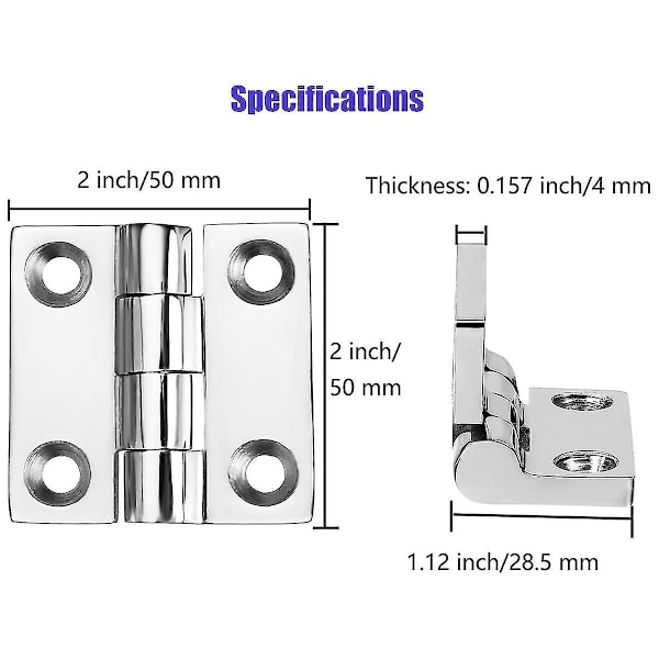 Heavy Duty Rustfrit Stålbådshængsler, Marine Grade Hængsler, 2 Tommer X 2 Tommer (50mm X 50 Mm), (4 P