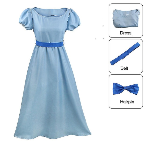 Wendy Darling Cosplay Kostym med Tiara Klänning Set Halloween kostym M