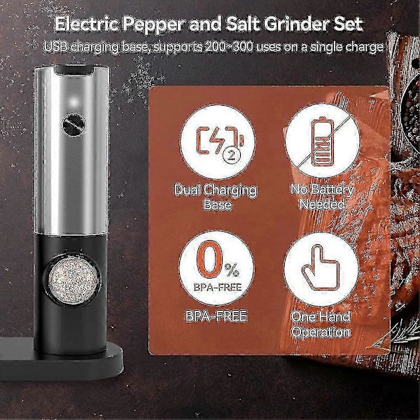 Laderbar Elektrisk Salt- og Pepperkvernsett med Dobbel Laderbase, USB-kabel, Automatisk S