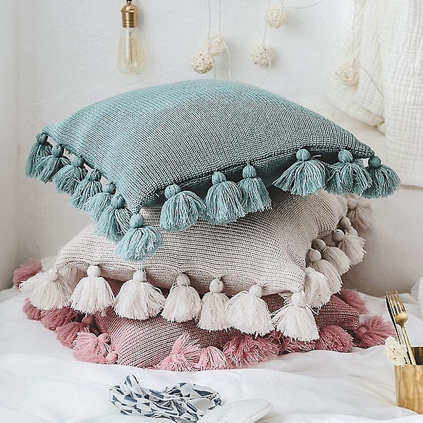 Neulotut tyynynpäälliset tupsuilla Boho maalaistalo raidallinen palmikkoneulos koristetyynynpäälliset koristetyyny kotisohvalle