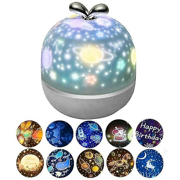 6/10 Filmer USB Stjernehimmel Projektor Nattlys Univers Planet Tegneserie Mønster LED Projeksjonslampe Romdekorasjon Barnegaver