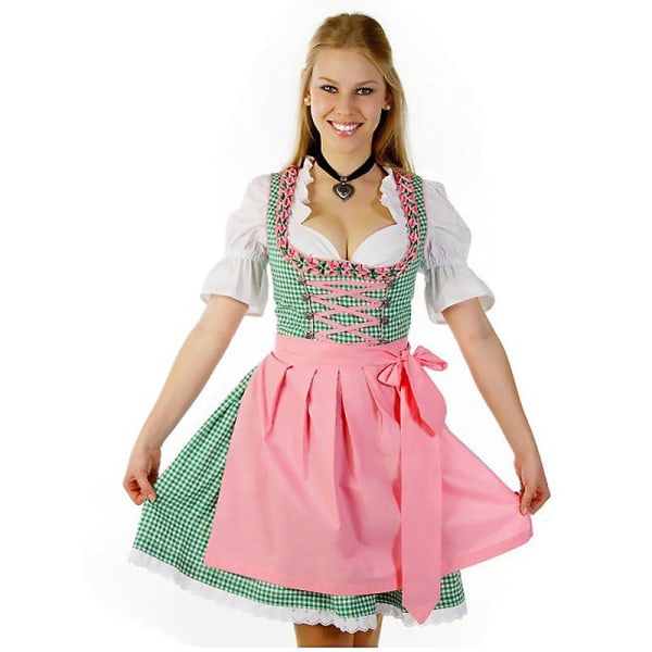 Perinteinen Dirndl Oktoberfest -asu Beerfest Pubien ruudullinen mekko Esiliina Cosplay Carnival Halloween -juhlamekko Pink L