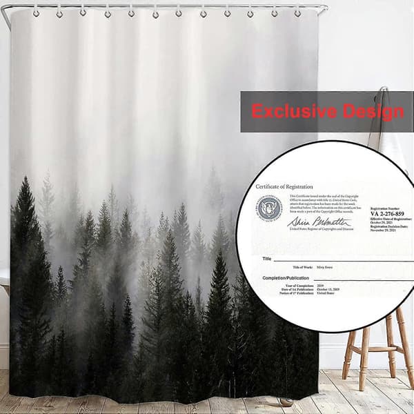 Duschdraperi Misty Forest, Badrums Fantasy Mist Magic Vinterträd Duschdraperi, Vattentätt Polyestertyg 183 x 183 cm - Med Krokar