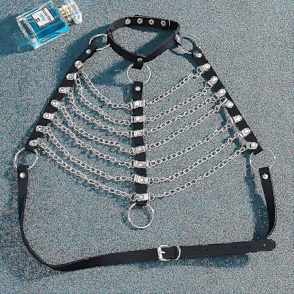 Punk Lager Kroppskedja Svart Läder BH Bur Sele Choker BH Kedjor Gotisk