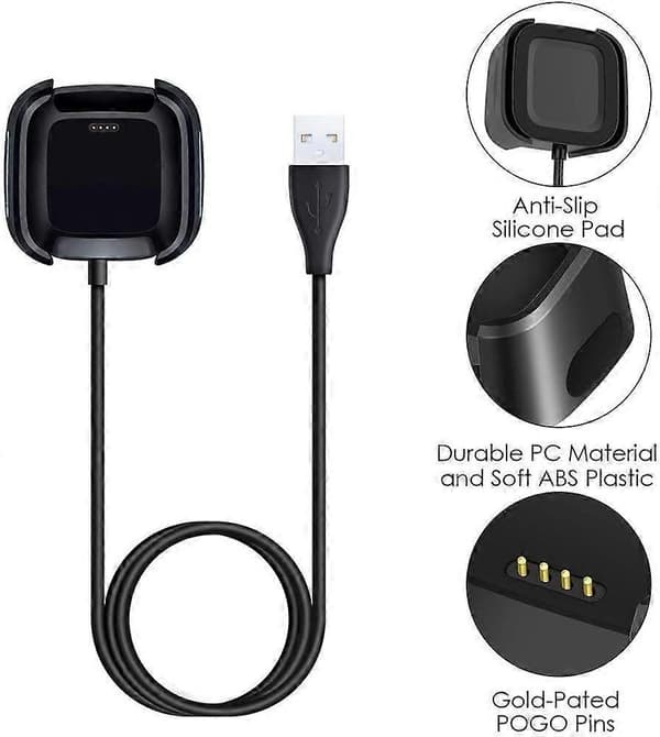 Lader Kompatibel med Fitbit Versa Dockingstasjon (Ikke for Versa 2/Versa 3/Sense), USB Erstatning Lade Cradle Dock med Ladekabel