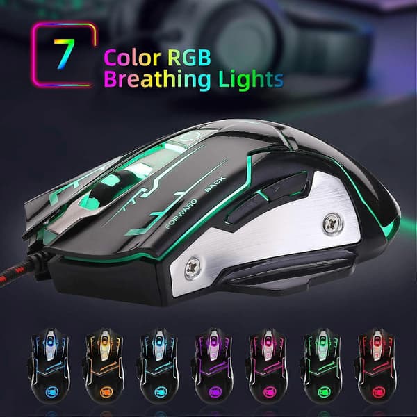 USB Computer Mouse med Ledning, Bærbar Belyst Mus med RGB 7 Farver Åndedrætslys (M738)