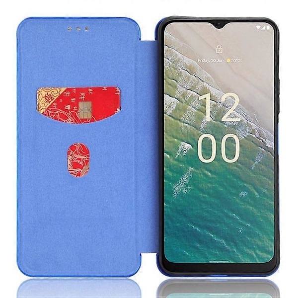 Kompatibelt för Nokia C32 PU Läder Kolfibertextur Fodral Kortfack Ställ Mobilskal Blue