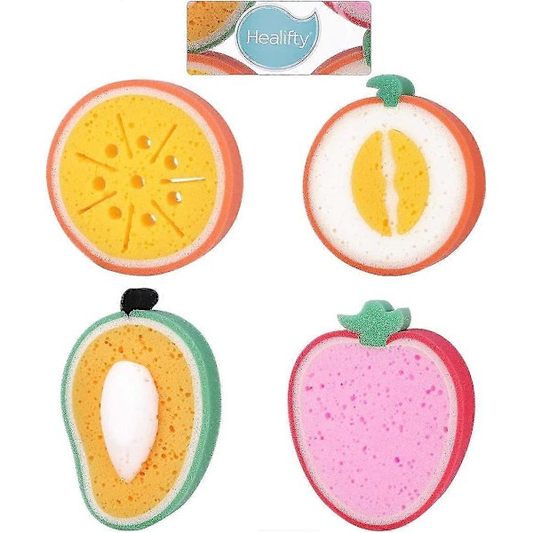 4 st Söta Fruktformade Badsvampar Badborstar Svampar Skrubbar Badverktyg för Barn (Mango + Honungsmelon + Apelsin + Jordgubbe)