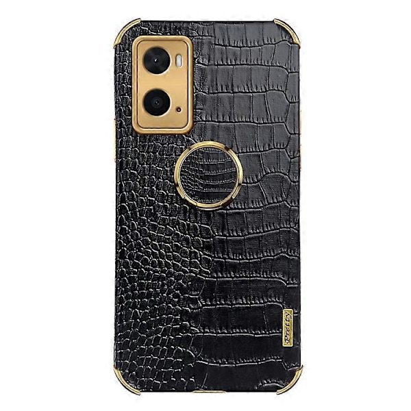 Yhteensopiva Oppo A36 / A76 Sormuspidike Jalustakotelo Krokotiilinnahka Kuvioitu Nahkapäällysteinen TPU 6D Galvanoidulla Iskunkestävällä Suojauksella Black